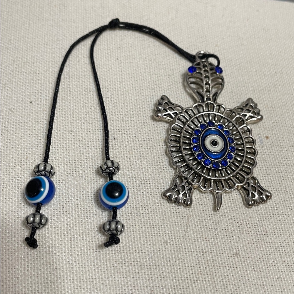 Silver Turtle Evil Eye Pendant Necklace - Blue Accent - Picture 4 of 6